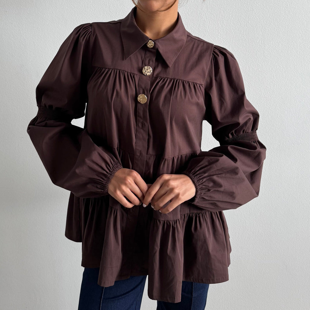 CONTINUE - SKJORTE - SANNA GOLD BUTTONS 15085 - DARK BROWN