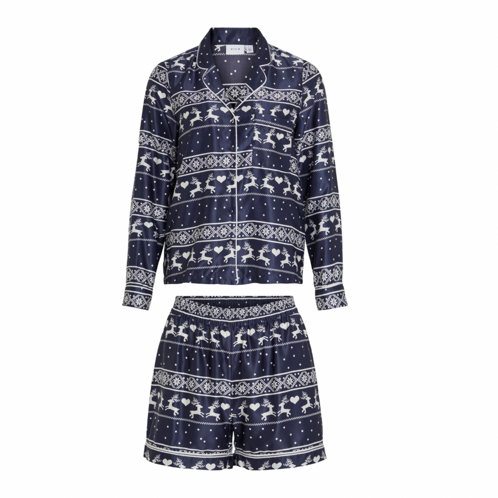 VILA -  SIENA L/S PYJAMAS SÆT - 15091131 - BLÅ/HVID