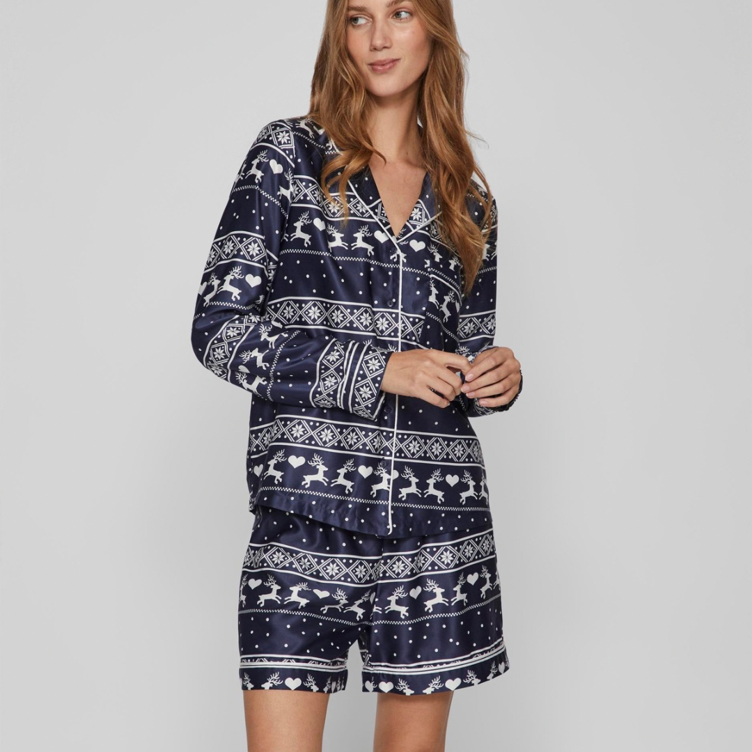 VILA -  SIENA L/S PYJAMAS SÆT - 15091131 - BLÅ/HVID