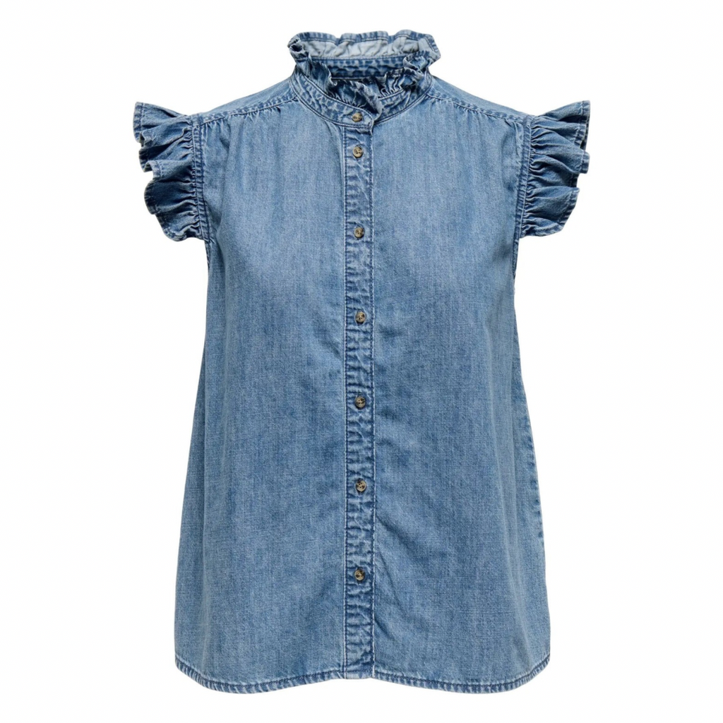 ONLY - TOP - SHANIA FRILL 15344679 - MEDIUM BLUE DENIM