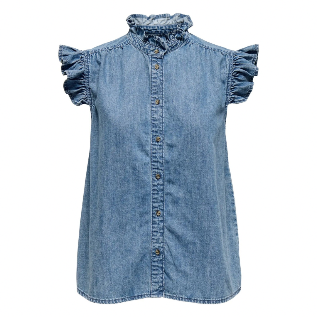 ONLY - TOP - SHANIA FRILL 15344679 - MEDIUM BLUE DENIM