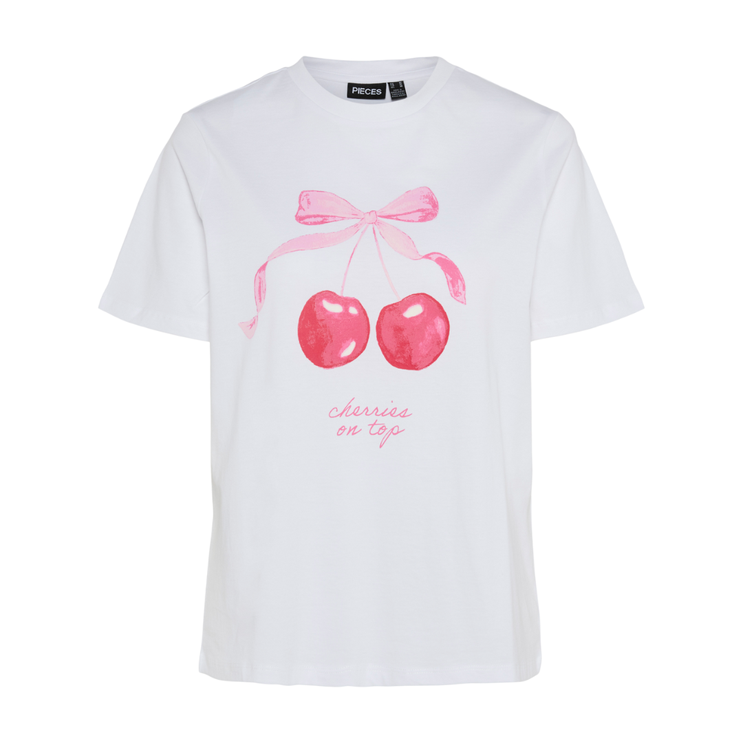 PIECES - T-SHIRT - SCARLETT 17155374 - BRIGHT WHITE/CHERRY ON TOP