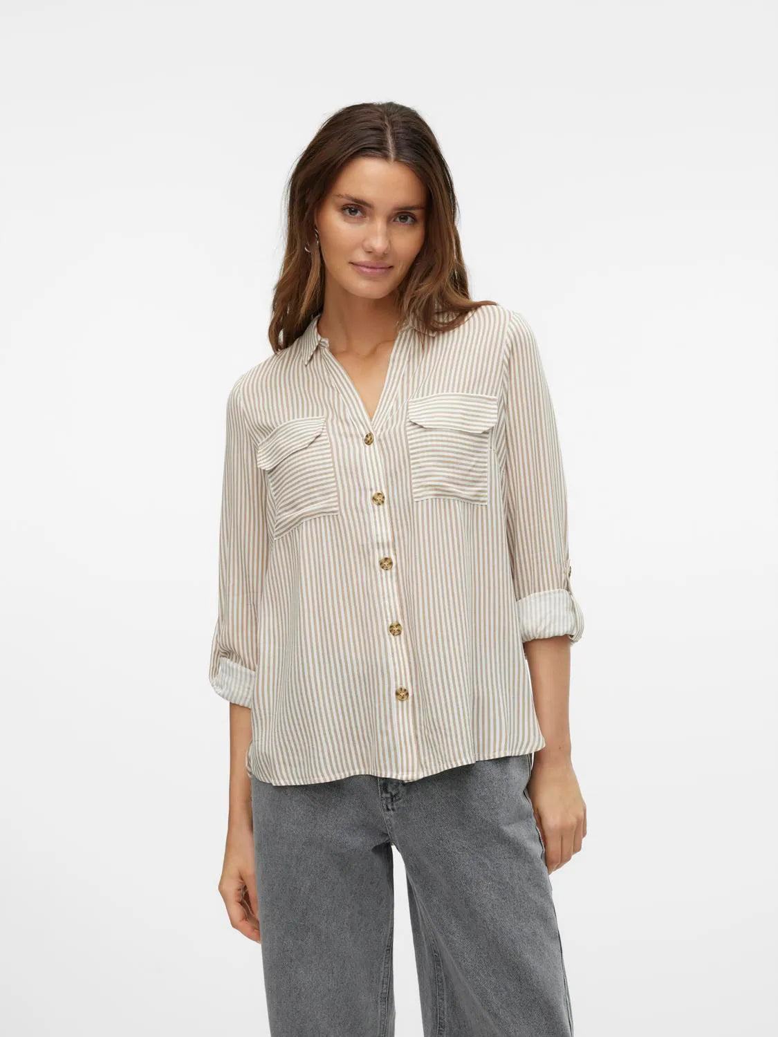 VERO MODA - SKJORTE - BUMPY 10275283 - SILVER MINK/SNOW WHITE