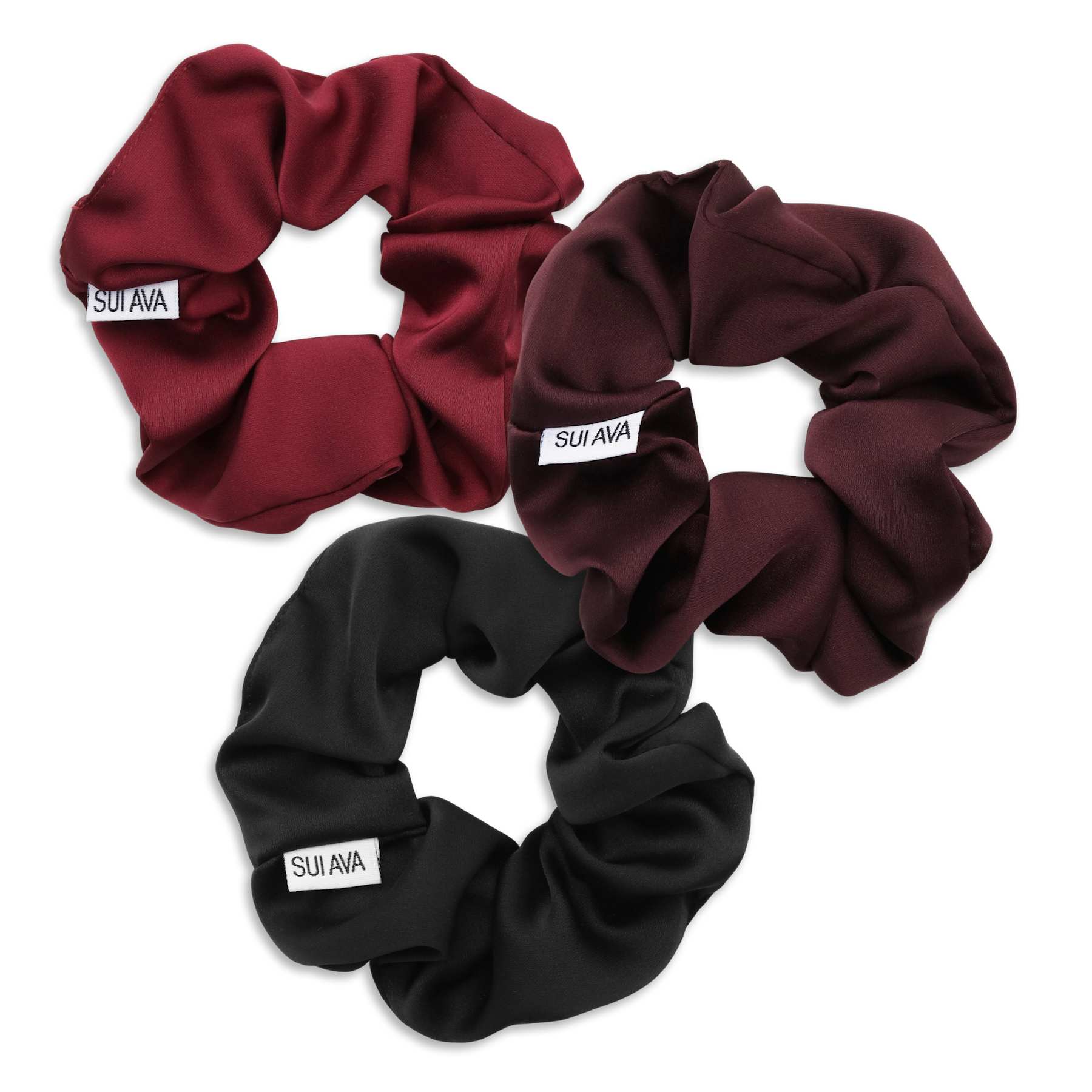 SUI AVA - 3-PAK SCRUNCHIES - RIBBON - BLACK/BURGUNDY/FRENCH WINE
